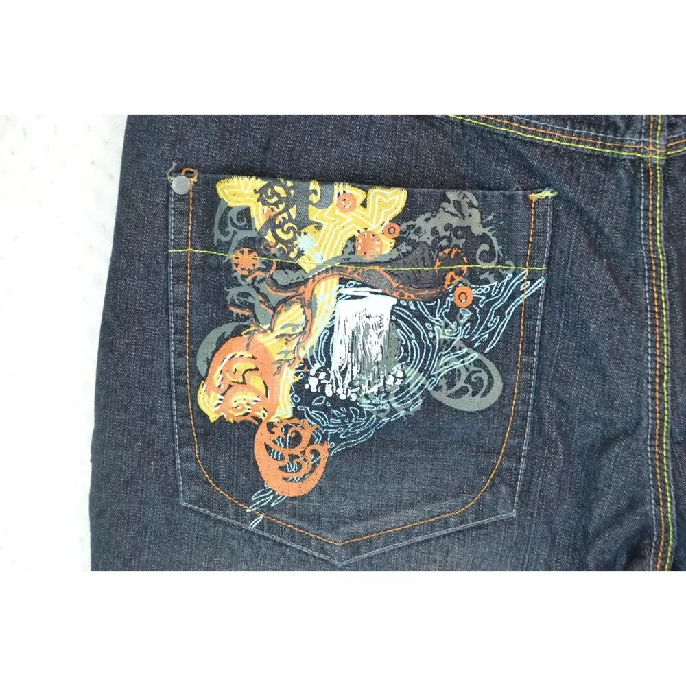 Paco Jeans Men's 38x32 Dark Wash Graphic Print Baggy Y2K Skater Jeans